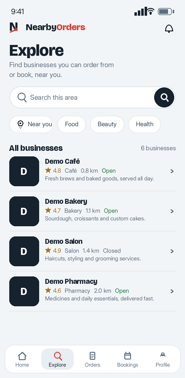 NearbyOrders app: Explore screen showing nearby businesses