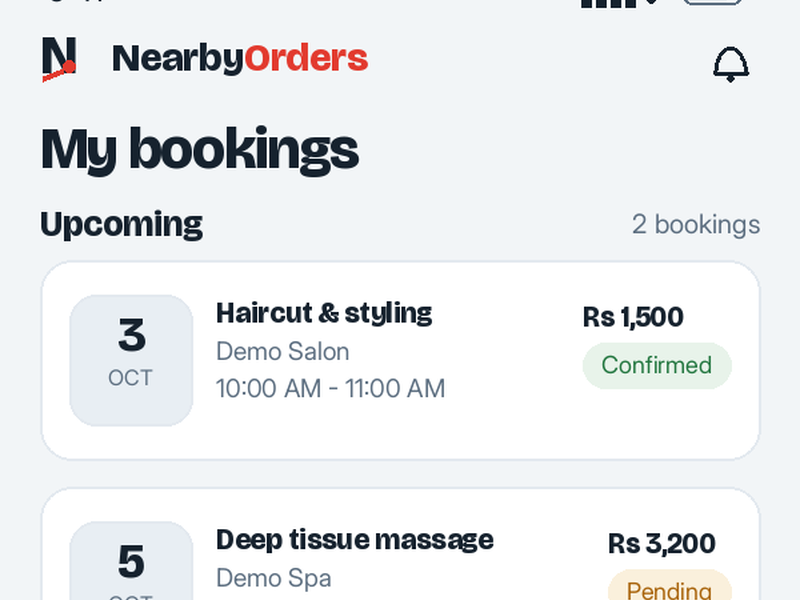 NearbyOrders app: My bookings screen with upcoming and past bookings