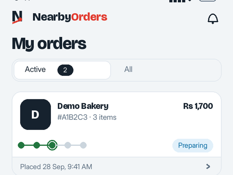 NearbyOrders app: My orders screen with live order status tracking