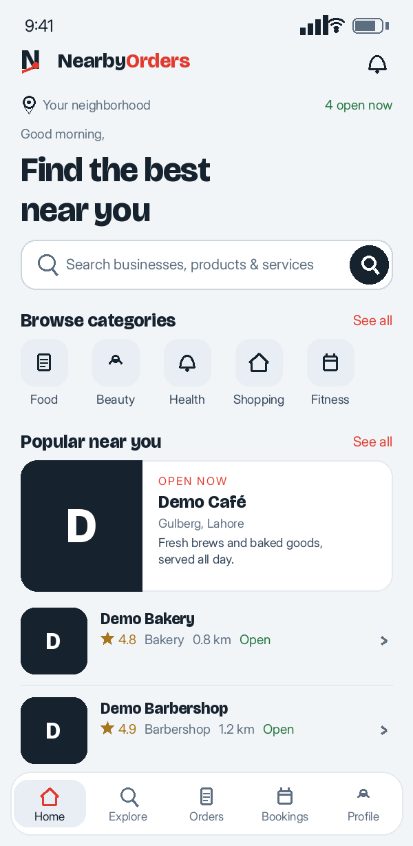 NearbyOrders app: customer Home screen with search, categories and nearby businesses