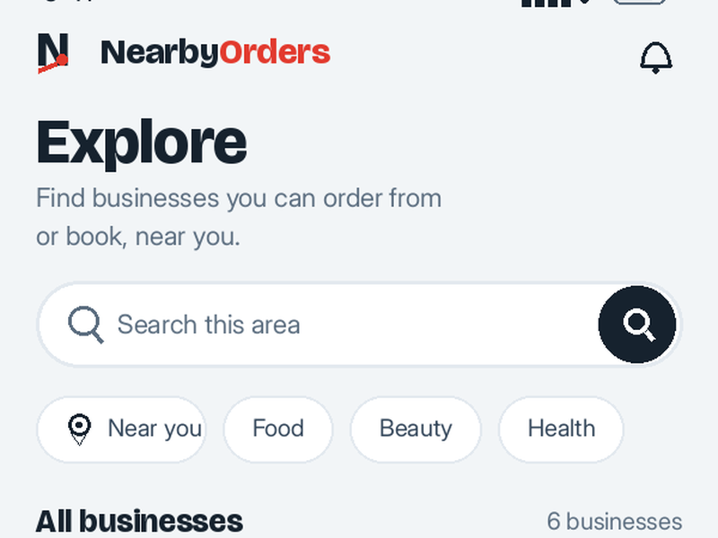 NearbyOrders app: Explore screen with business search and discovery list
