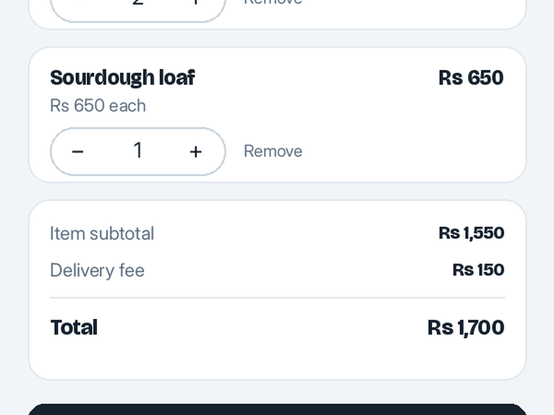 NearbyOrders app: cart and order checkout with items, quantities and total